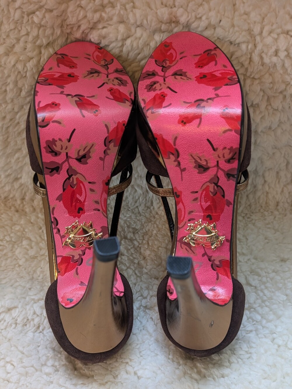 Betsey Johnson Brown Suede Open-Toe Heels with Gold Trim - Picture 3 of 6